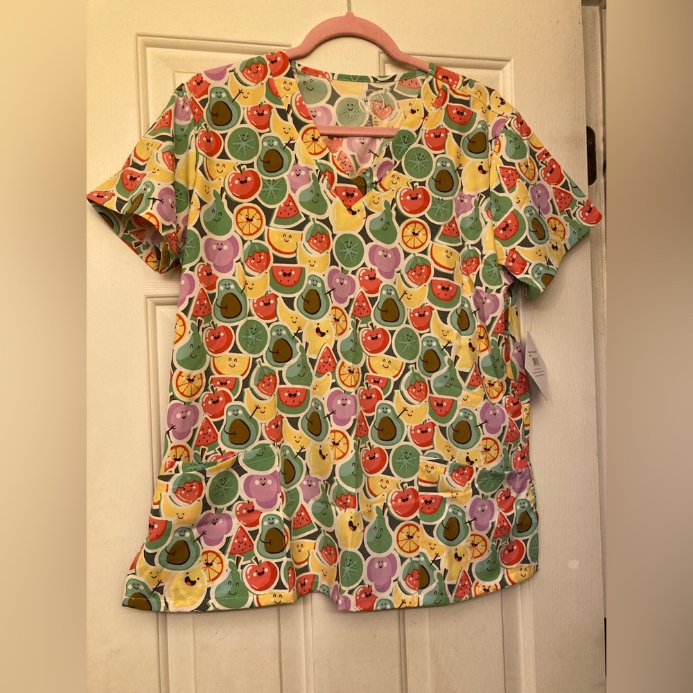 Divine Stretch by JDM, size large,Colorful Fruit Print Scrub Top, new with tags